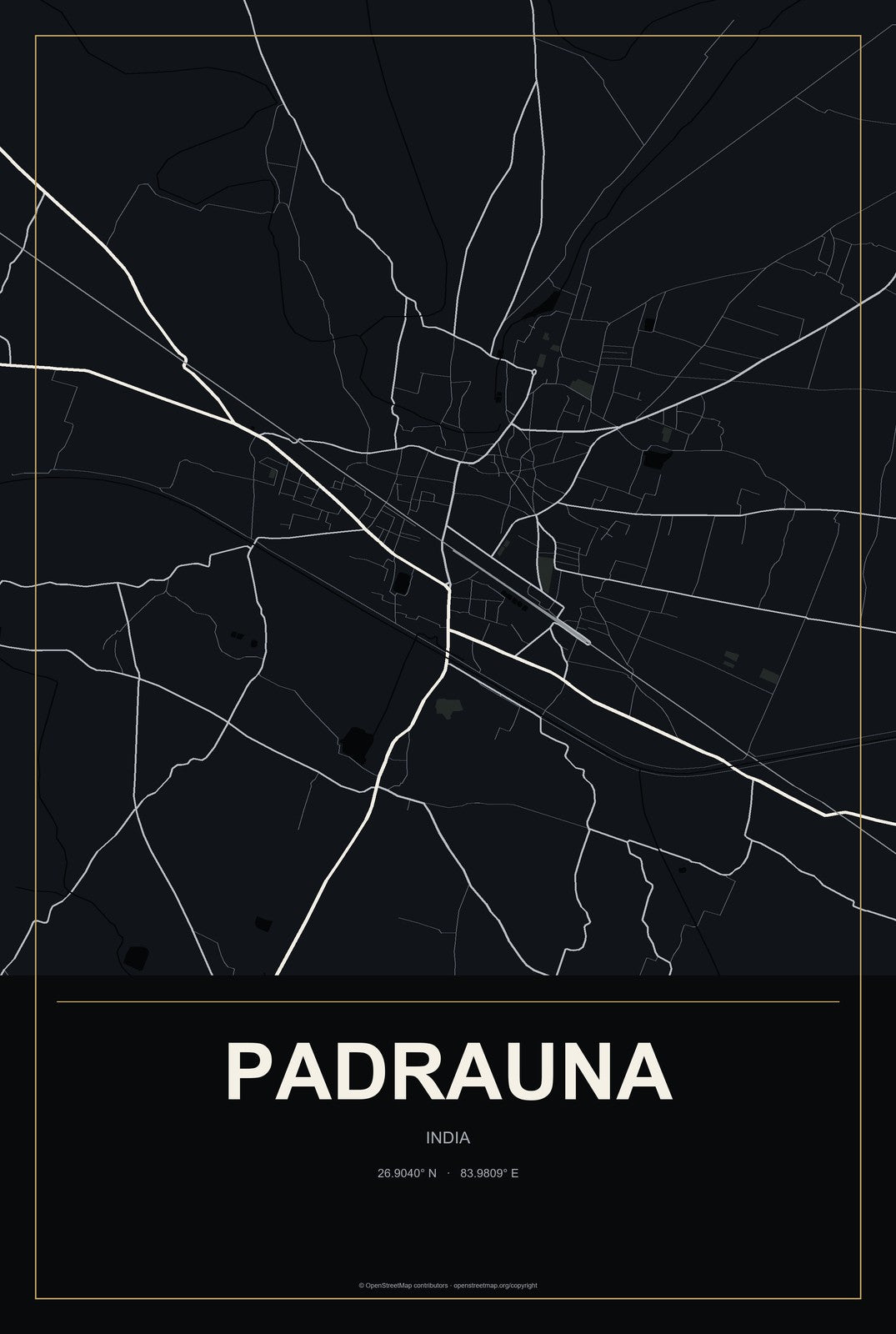 Padrauna, India City Map Aluminum Sign in Metropolitan Noir style