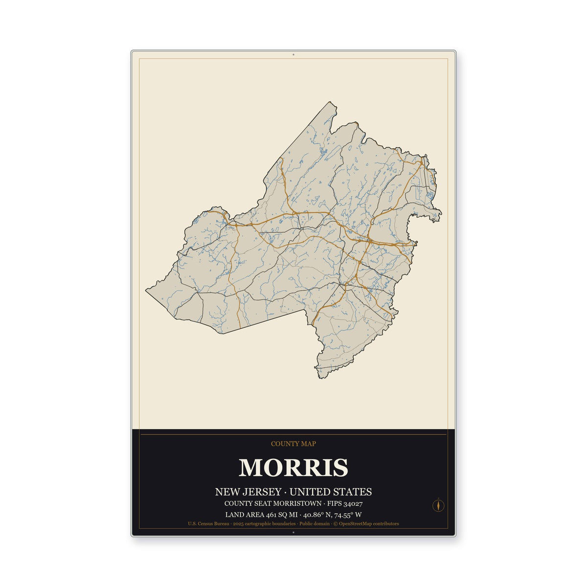 Morris County, New Jersey Map Aluminum Sign in Museum Plaque style