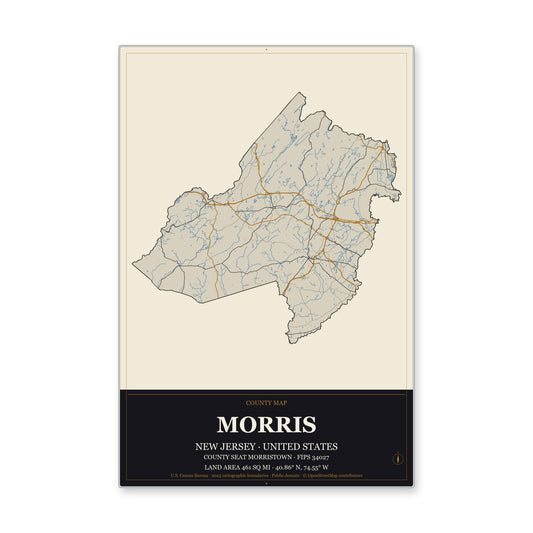 Morris County, New Jersey Map Aluminum Sign in Museum Plaque style