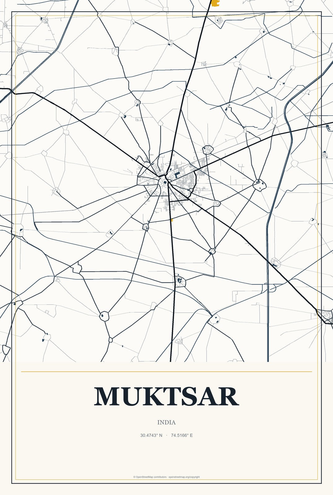 Muktsar, India City Map Aluminum Sign in Citrine Modern style