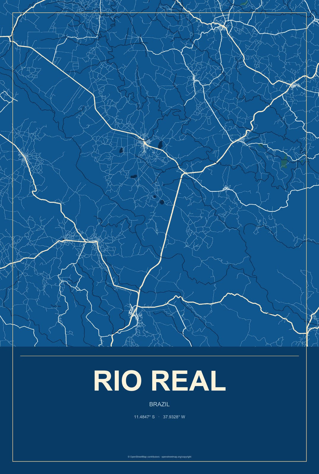 Rio Real, Brazil City Map Aluminum Sign in Harbor Cobalt style