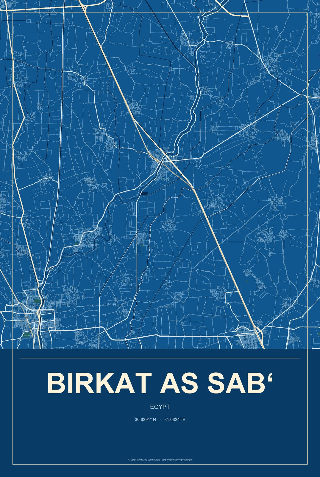 Birkat as Sab‘, Egypt City Map Aluminum Sign in Harbor Cobalt style