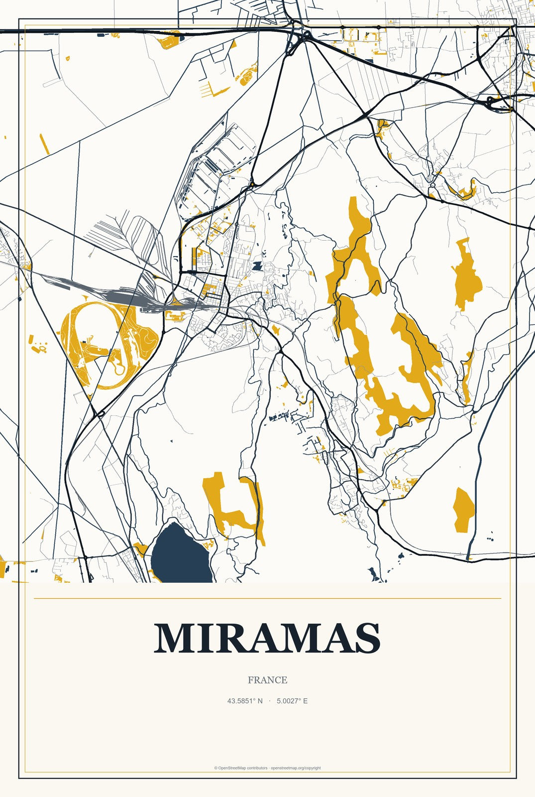 Miramas, France City Map Aluminum Sign in Citrine Modern style