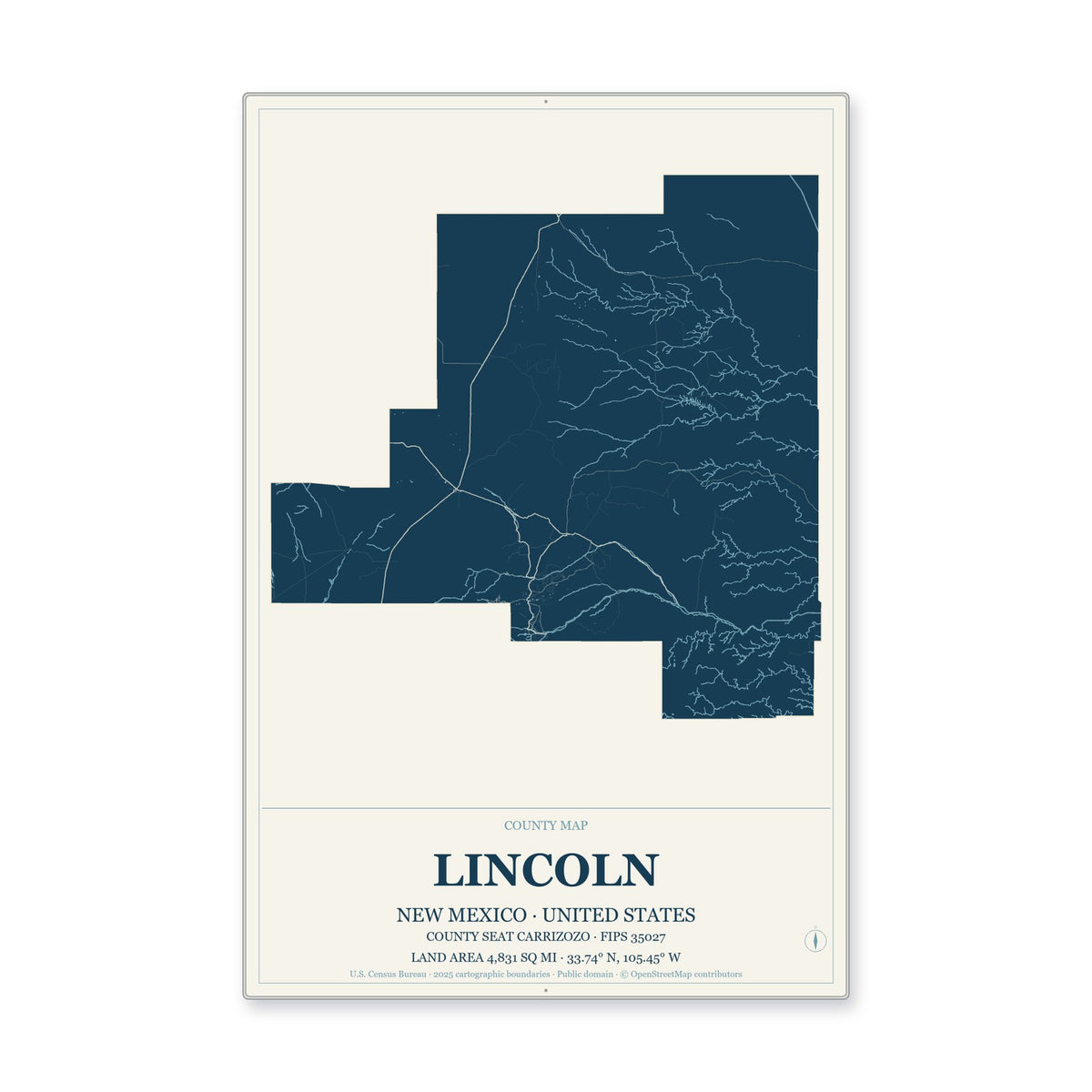 Lincoln County, New Mexico Map Aluminum Sign in Coastal Cutout style