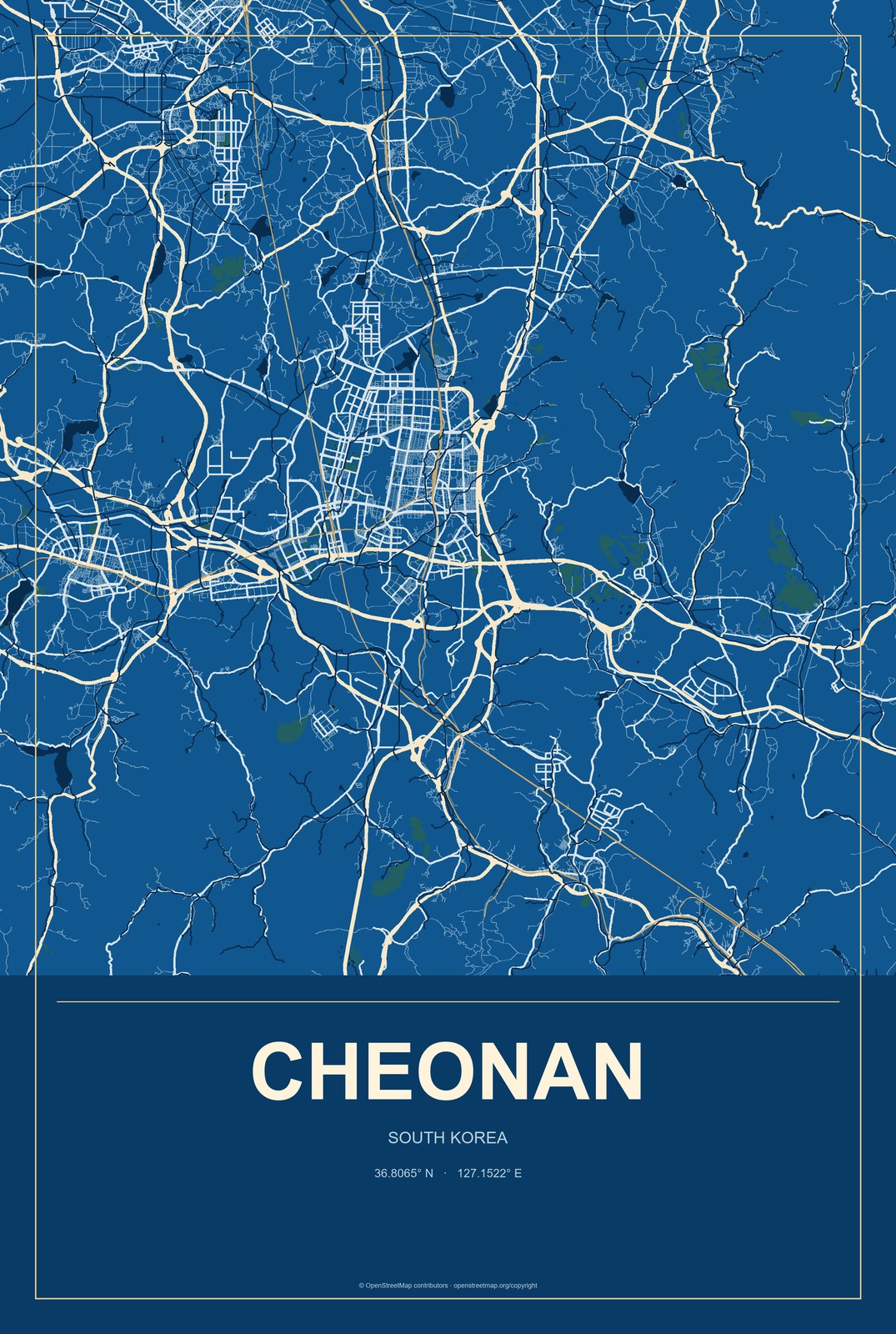 Cheonan, South Korea City Map Aluminum Sign in Harbor Cobalt style