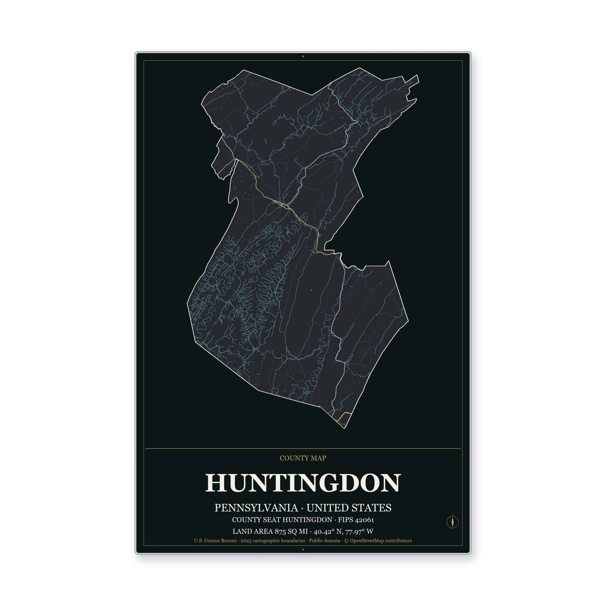 Huntingdon County, Pennsylvania Map Aluminum Sign in Metropolitan Noir style