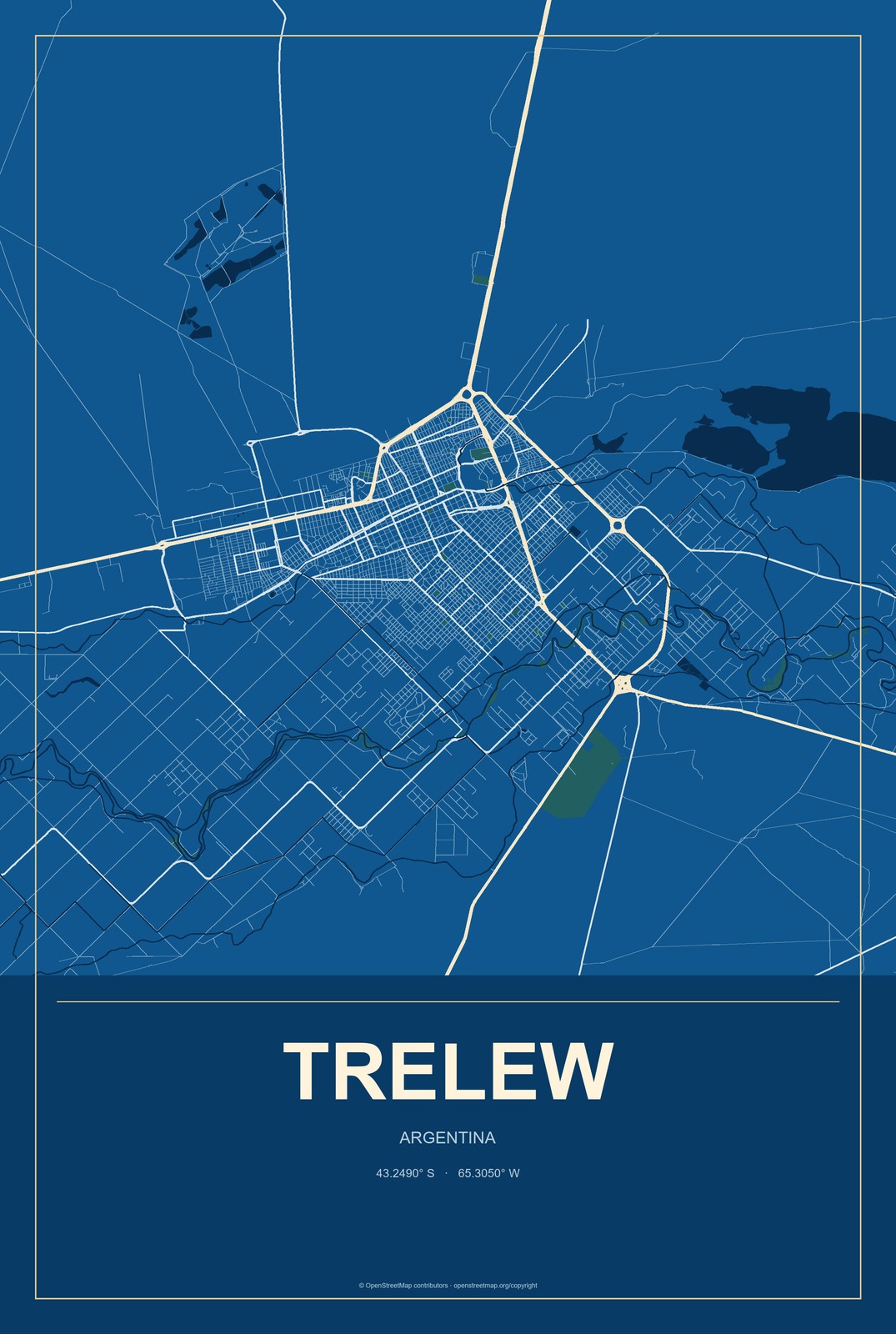 Trelew, Argentina City Map Aluminum Sign in Harbor Cobalt style