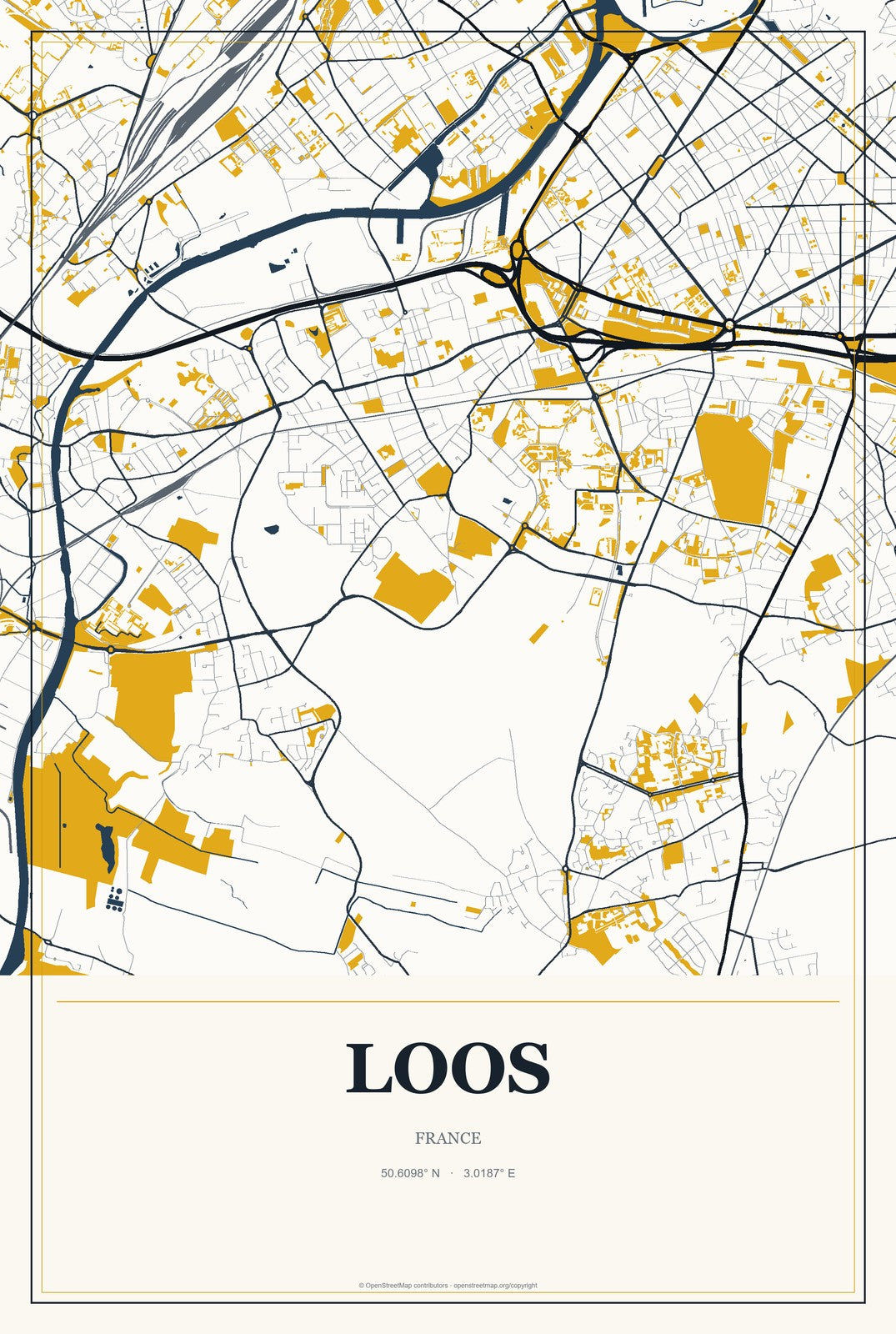 Loos, France City Map Aluminum Sign in Citrine Modern style