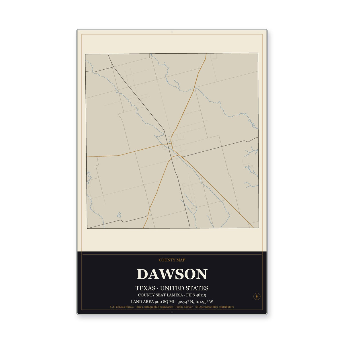 Dawson County, Texas Map Aluminum Sign in Museum Plaque style