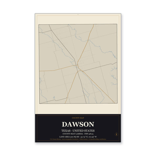 Dawson County, Texas Map Aluminum Sign in Museum Plaque style