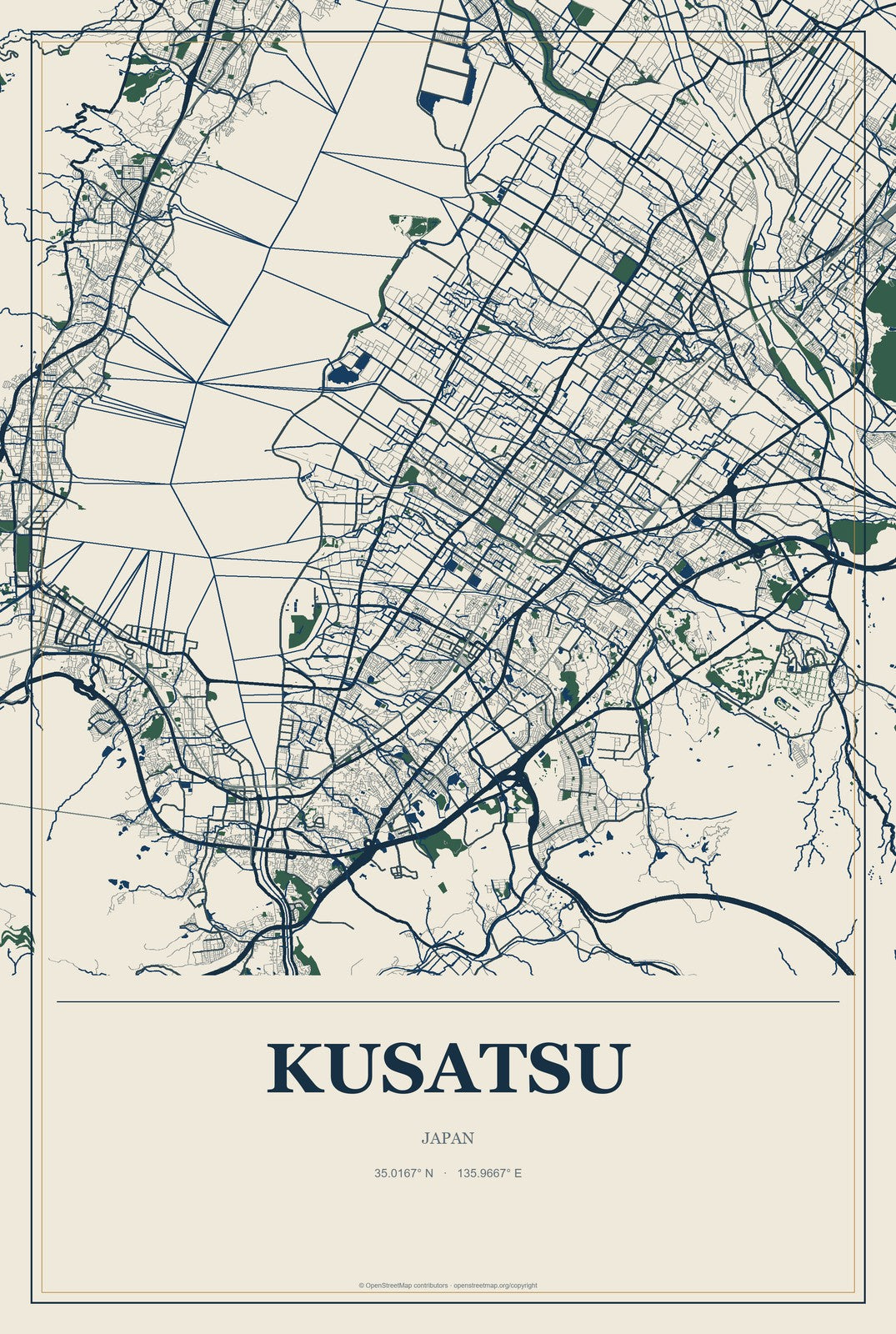Kusatsu, Japan City Map Aluminum Sign in Coastal Cutout style