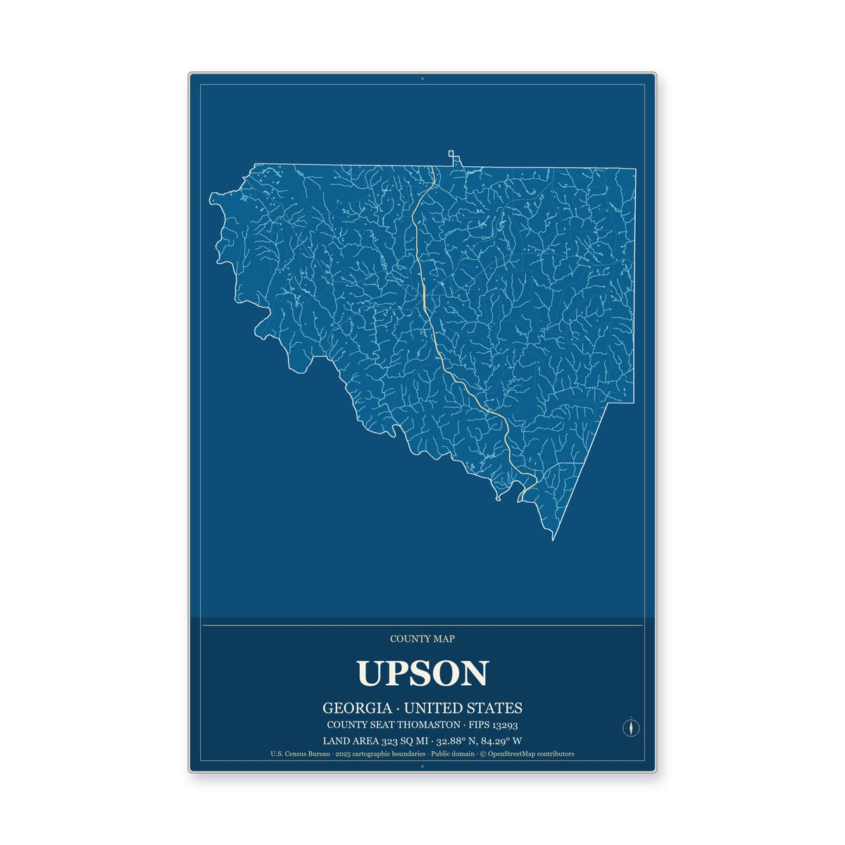 Upson County, Georgia Map Aluminum Sign in Harbor Cobalt style