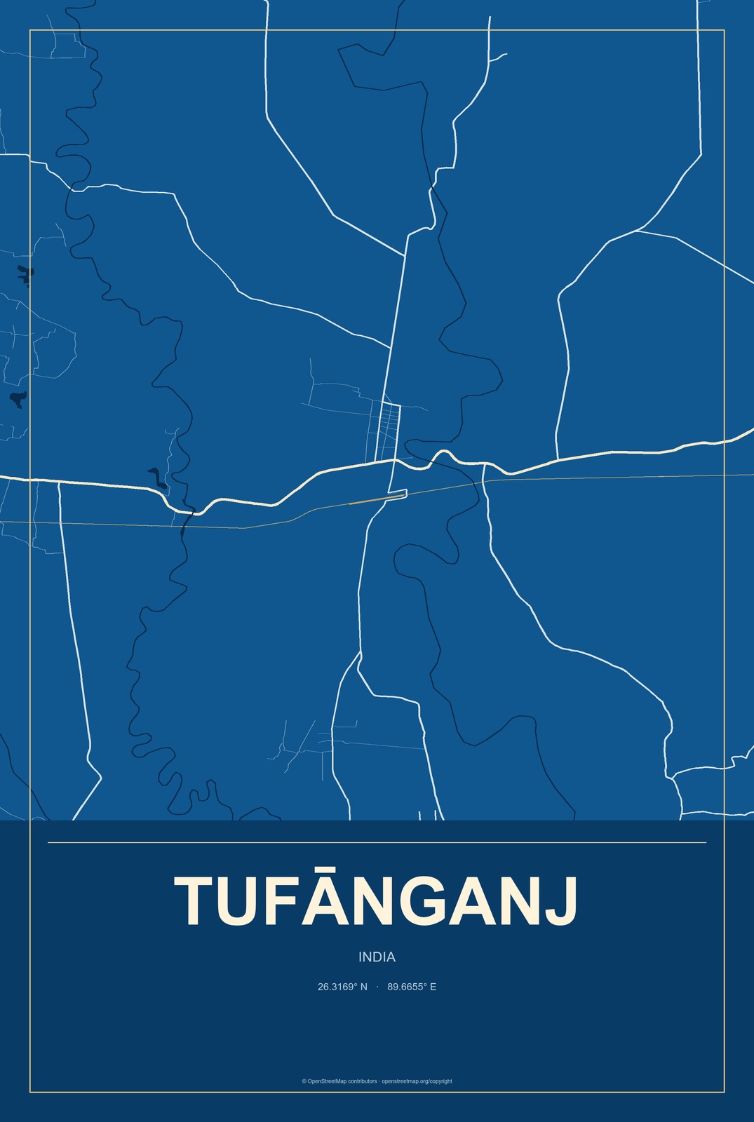 Tufānganj, India City Map Aluminum Sign in Harbor Cobalt style