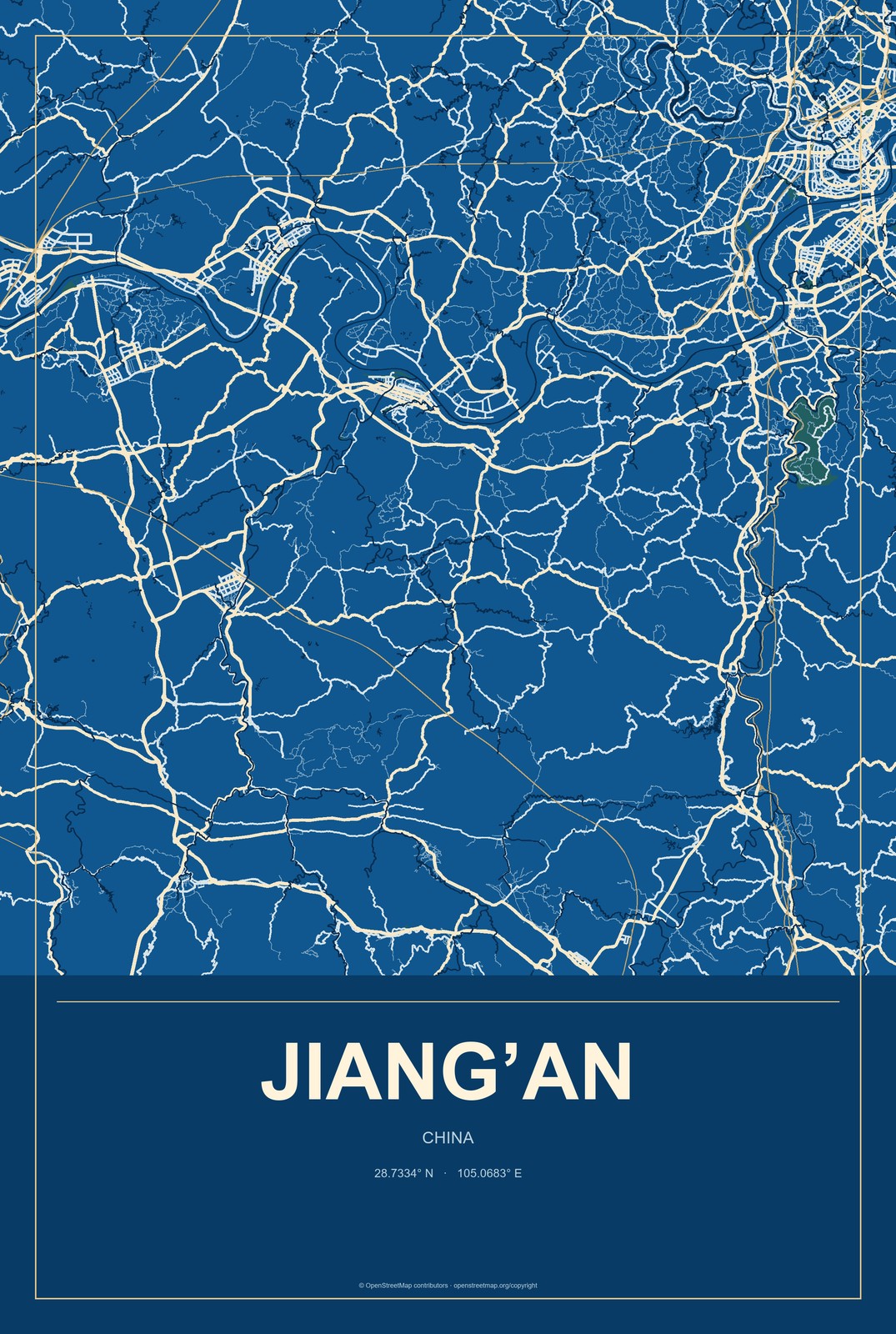Jiang’an, China City Map Aluminum Sign in Harbor Cobalt style