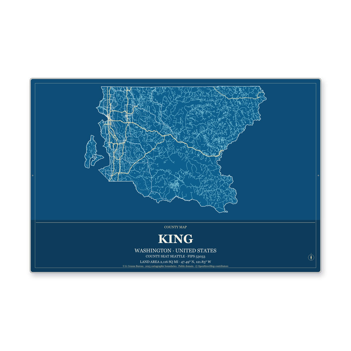 King County, Washington Map Aluminum Sign in Harbor Cobalt style