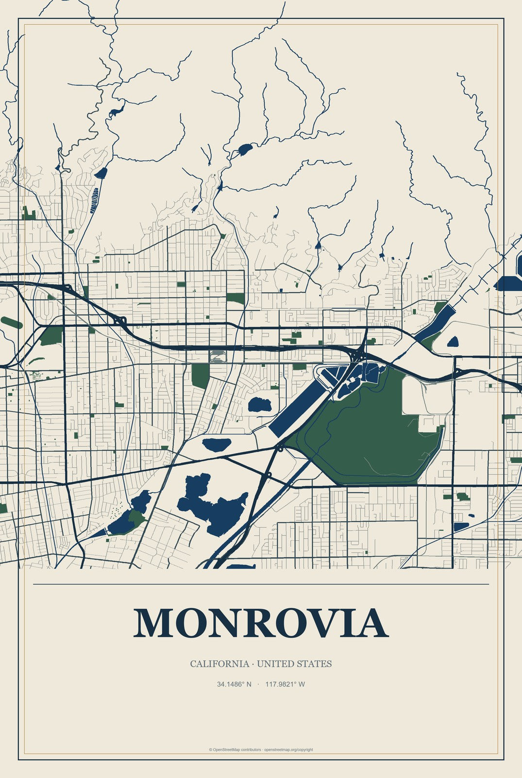 Monrovia, California City Map Aluminum Sign in Coastal Cutout style