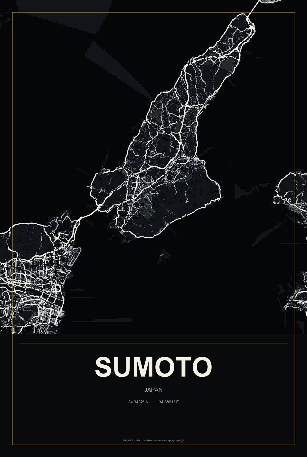 Sumoto, Japan City Map Aluminum Sign in Metropolitan Noir style