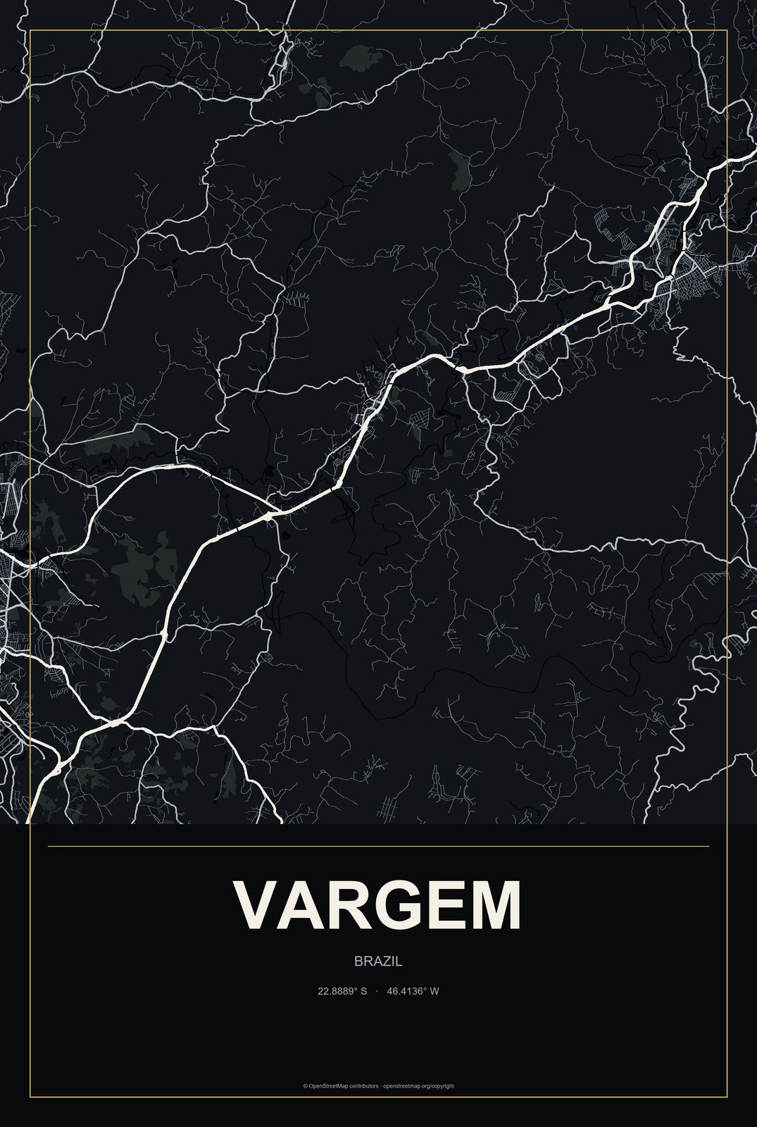 Vargem, Brazil City Map Aluminum Sign in Metropolitan Noir style