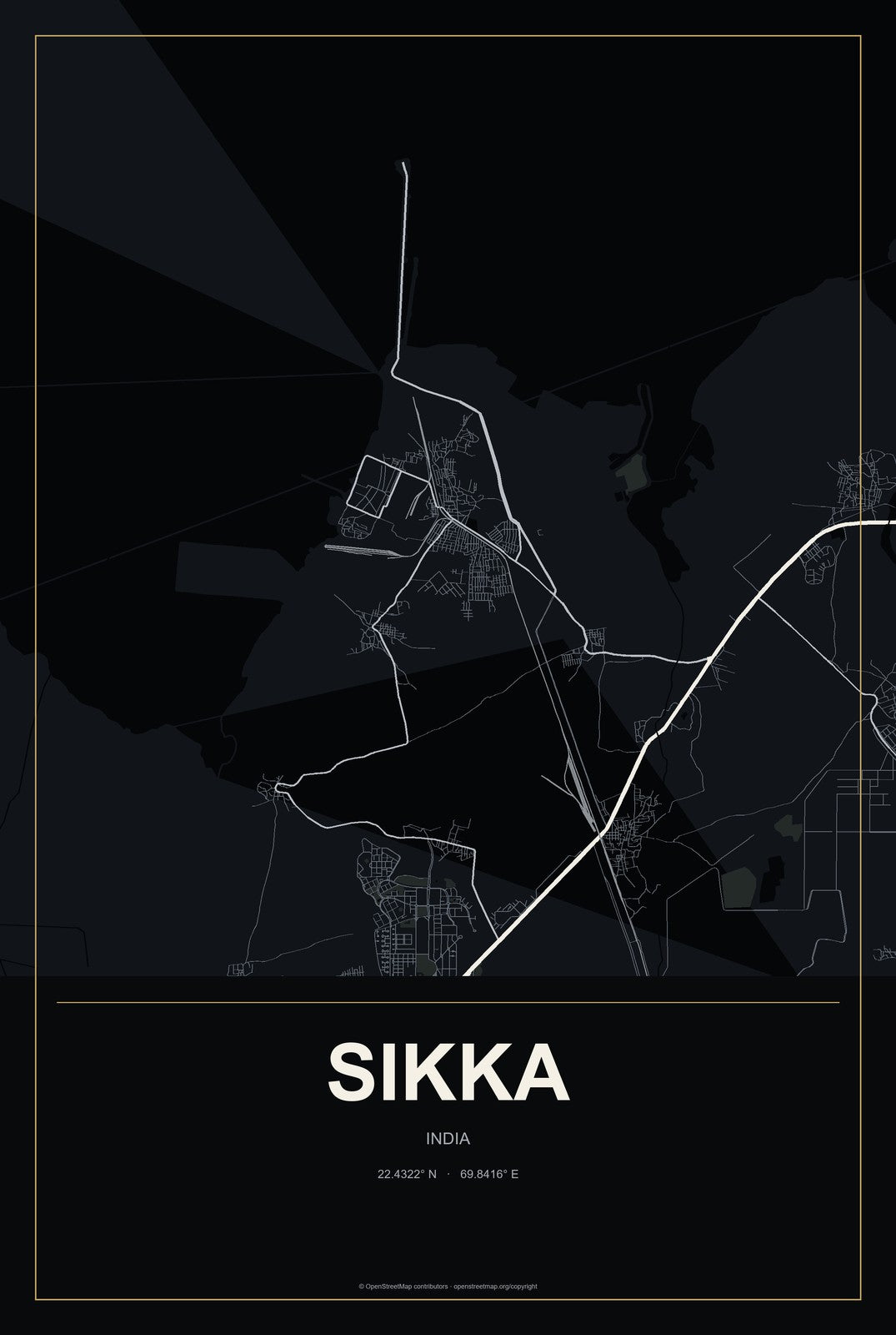 Sikka, India City Map Aluminum Sign in Metropolitan Noir style