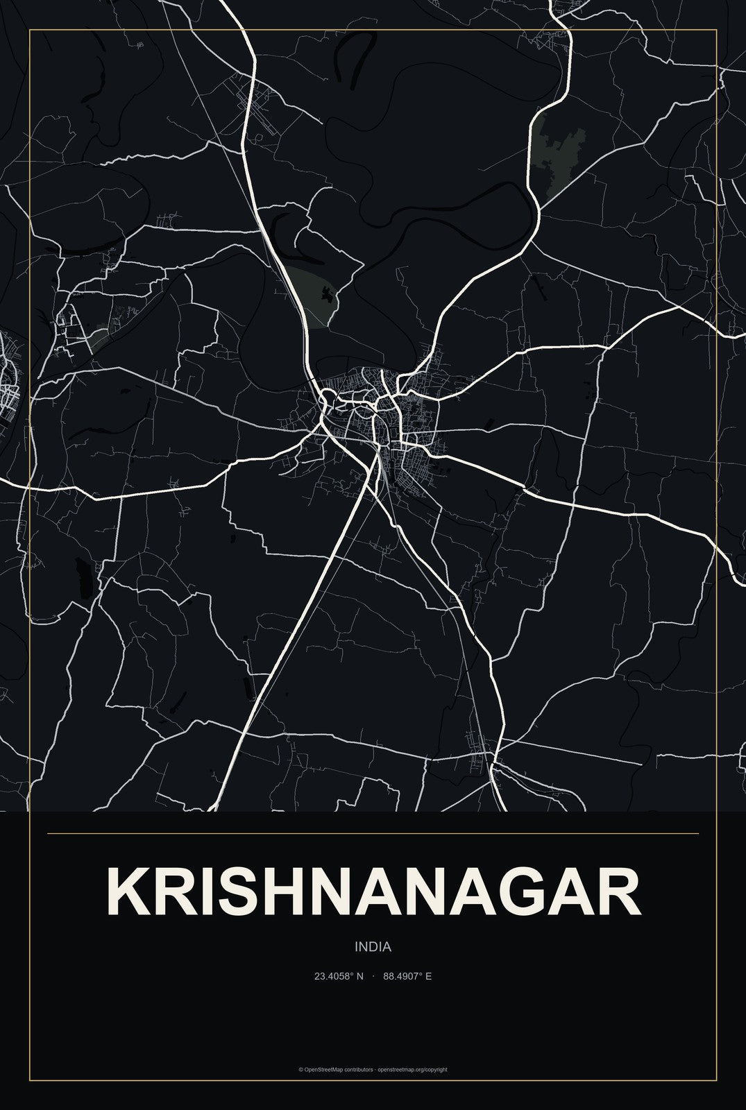 Krishnanagar, India City Map Aluminum Sign in Metropolitan Noir style