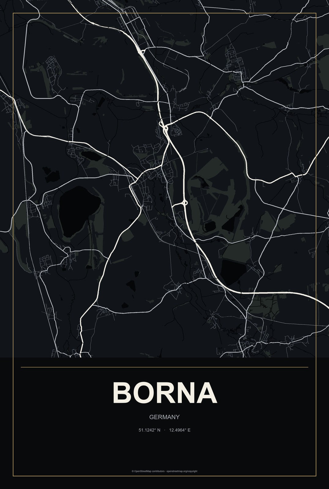 Borna, Germany City Map Aluminum Sign in Metropolitan Noir style