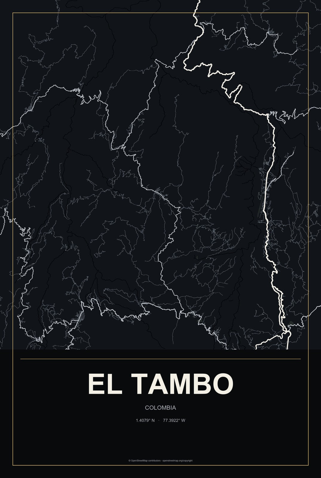El Tambo, Colombia City Map Aluminum Sign in Metropolitan Noir style
