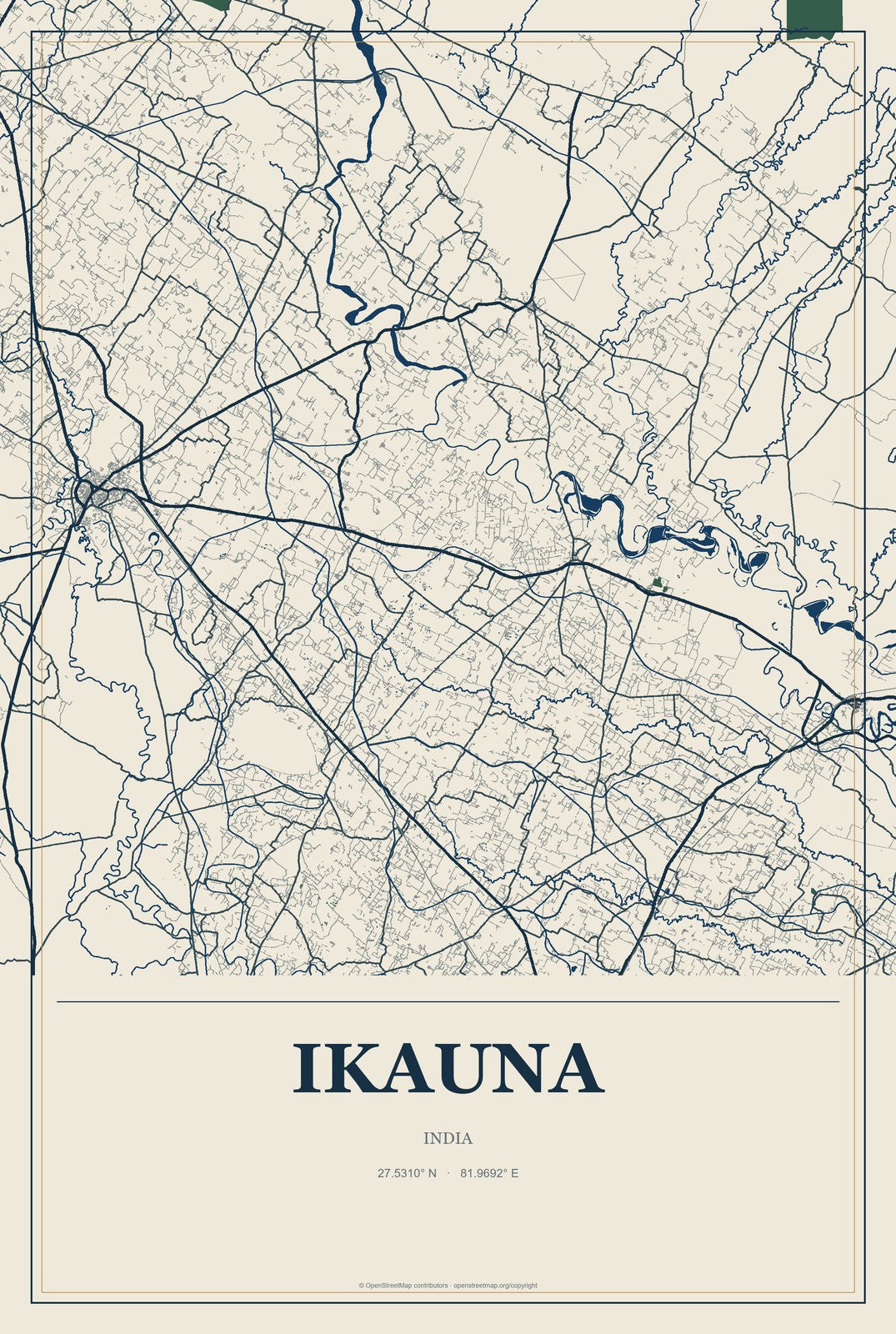 Ikauna, India City Map Aluminum Sign in Coastal Cutout style