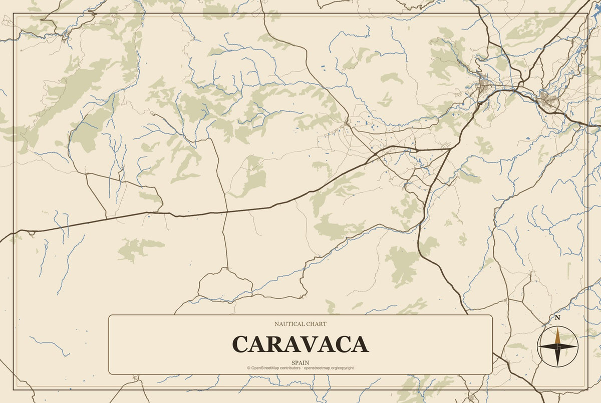 Caravaca, Spain City Map Aluminum Sign in Heritage Nautical style