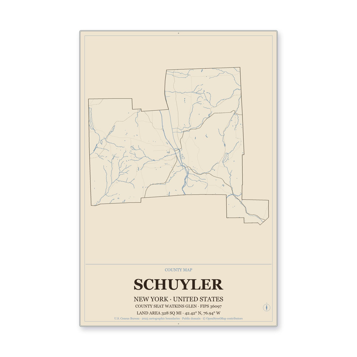 Schuyler County, New York Map Aluminum Sign in Heritage Nautical style