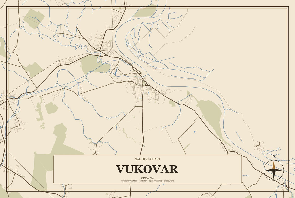 Vukovar, Croatia City Map Aluminum Sign in Heritage Nautical style