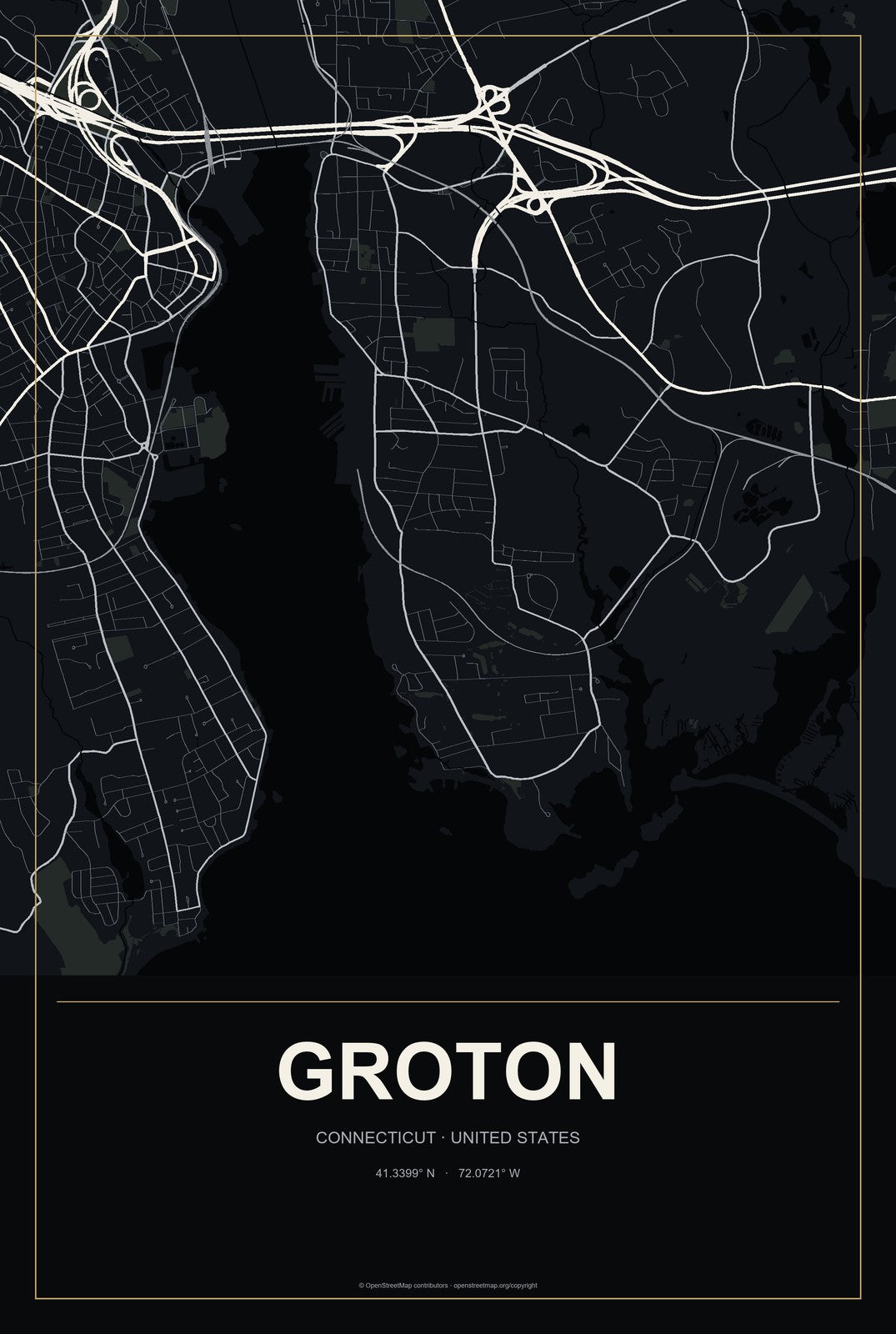 Groton, Connecticut City Map Aluminum Sign in Metropolitan Noir style