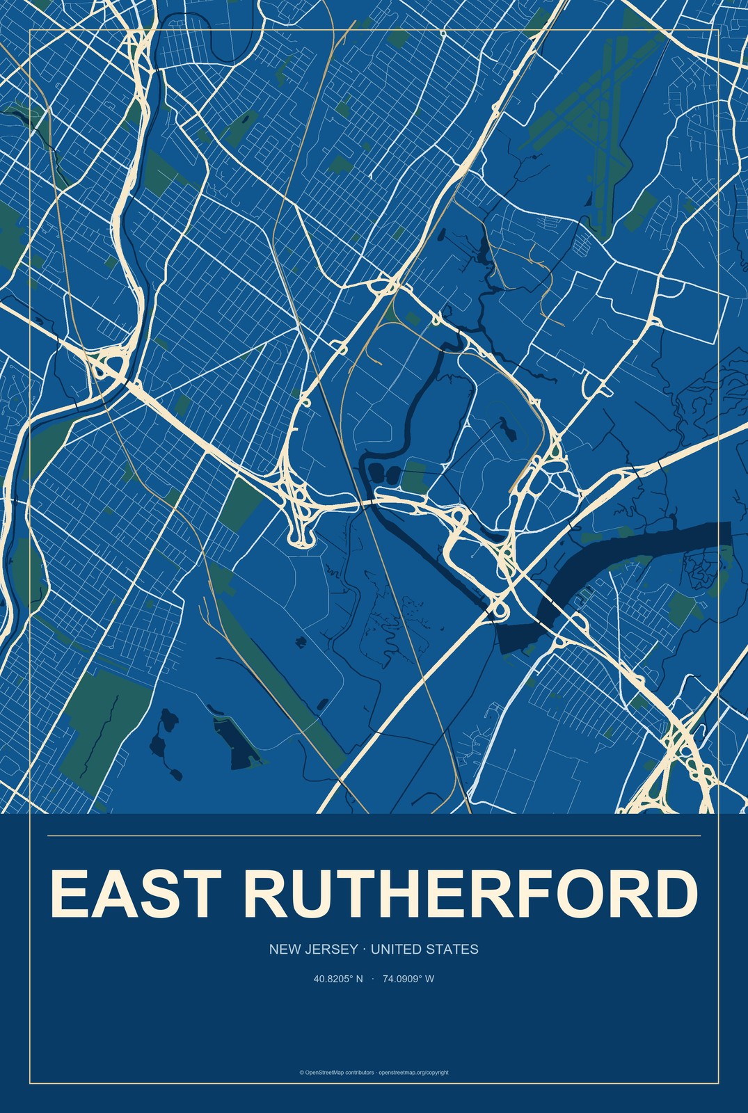 East Rutherford, New Jersey City Map Aluminum Sign in Harbor Cobalt style