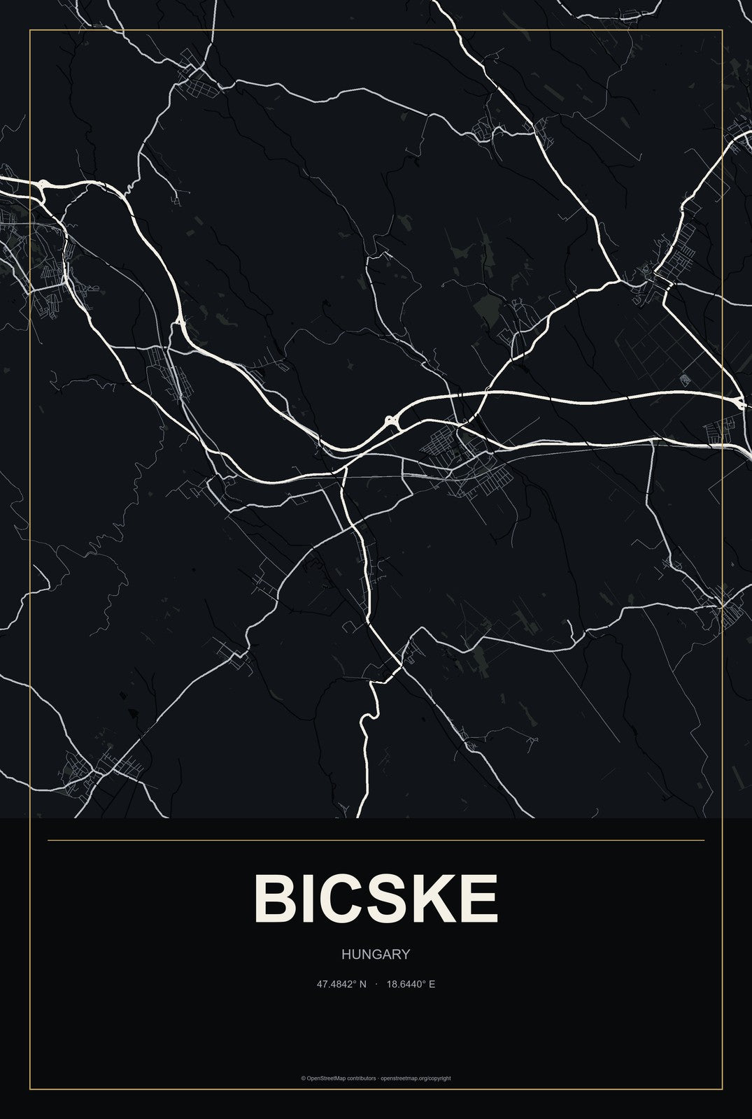 Bicske, Hungary City Map Aluminum Sign in Metropolitan Noir style