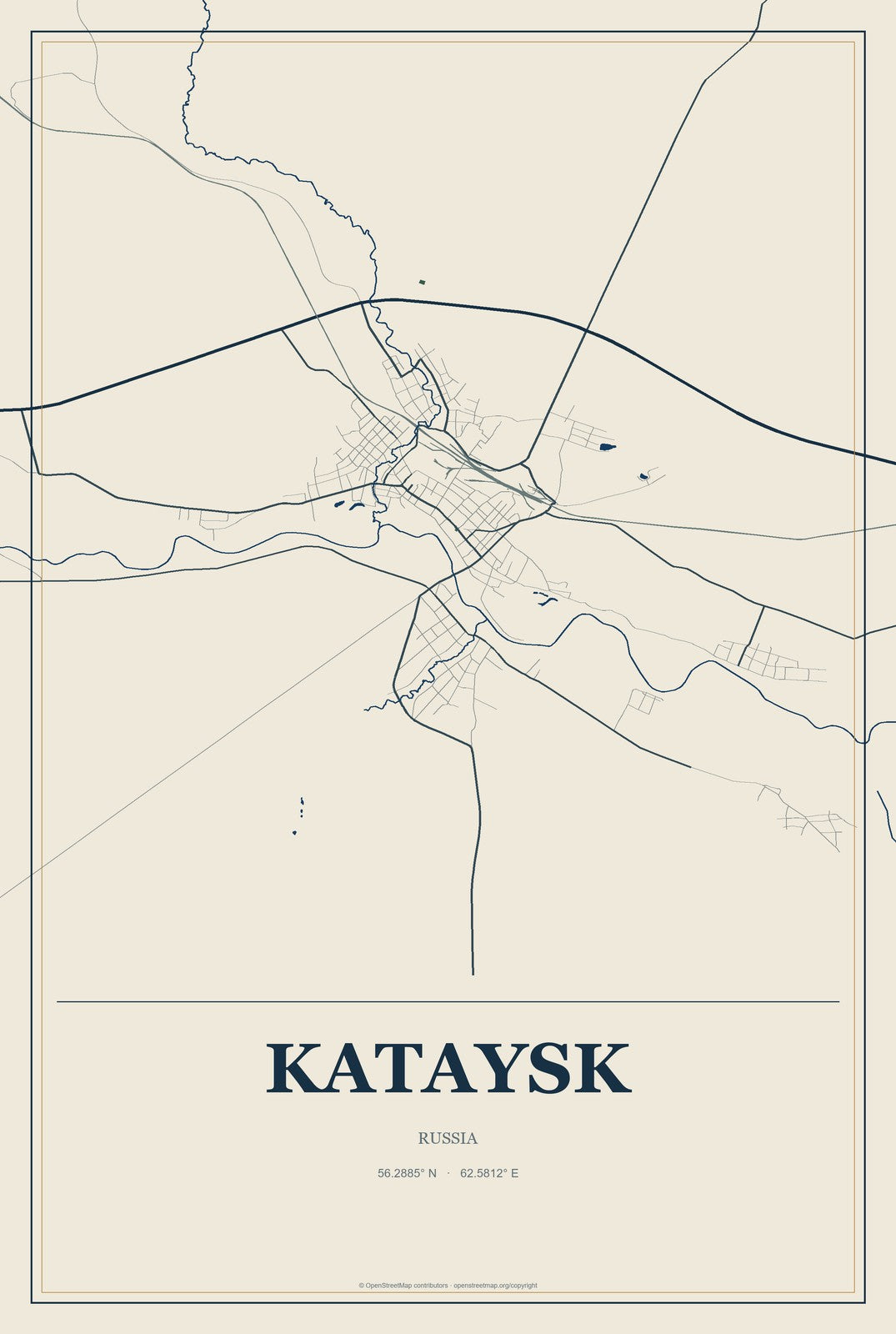 Kataysk, Russia City Map Aluminum Sign in Coastal Cutout style
