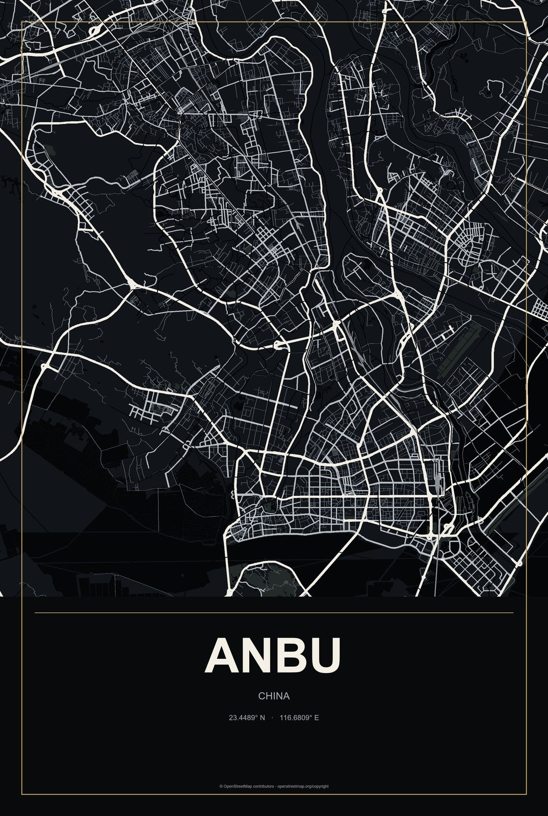 Anbu, China City Map Aluminum Sign in Metropolitan Noir style
