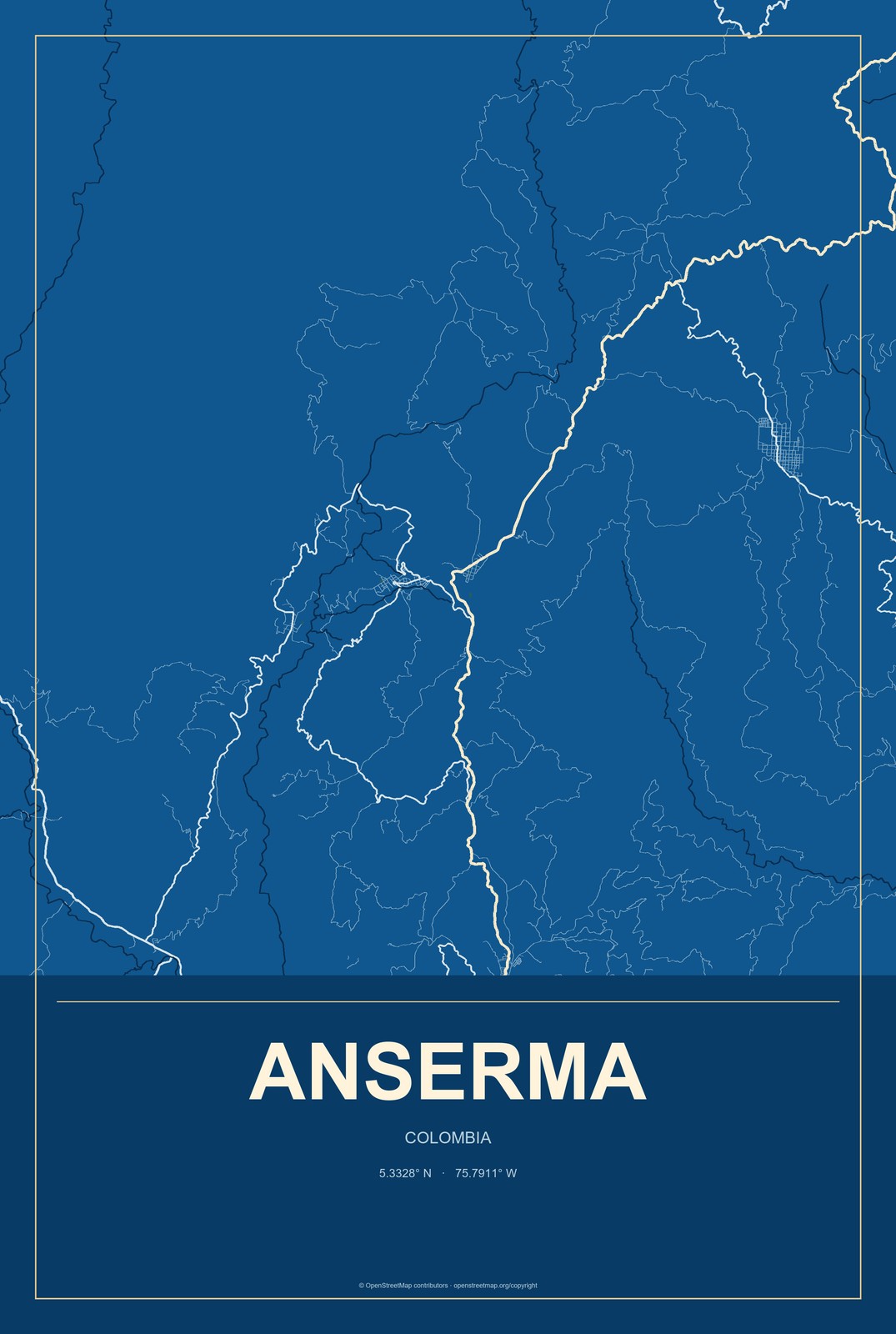 Anserma, Colombia City Map Aluminum Sign in Harbor Cobalt style