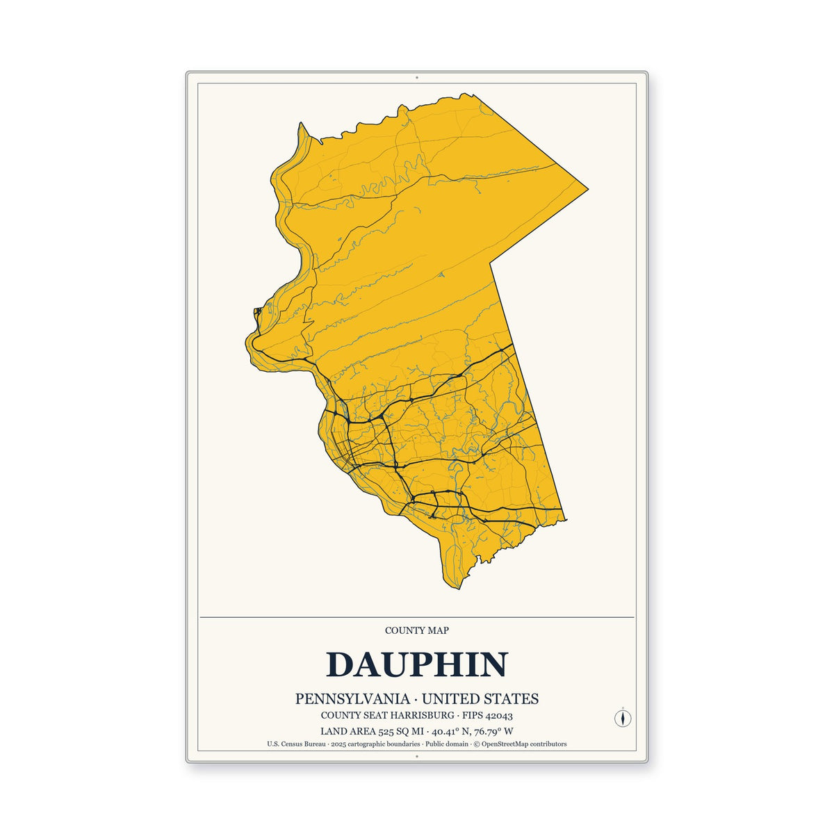 Dauphin County, Pennsylvania Map Aluminum Sign in Citrine Modern style