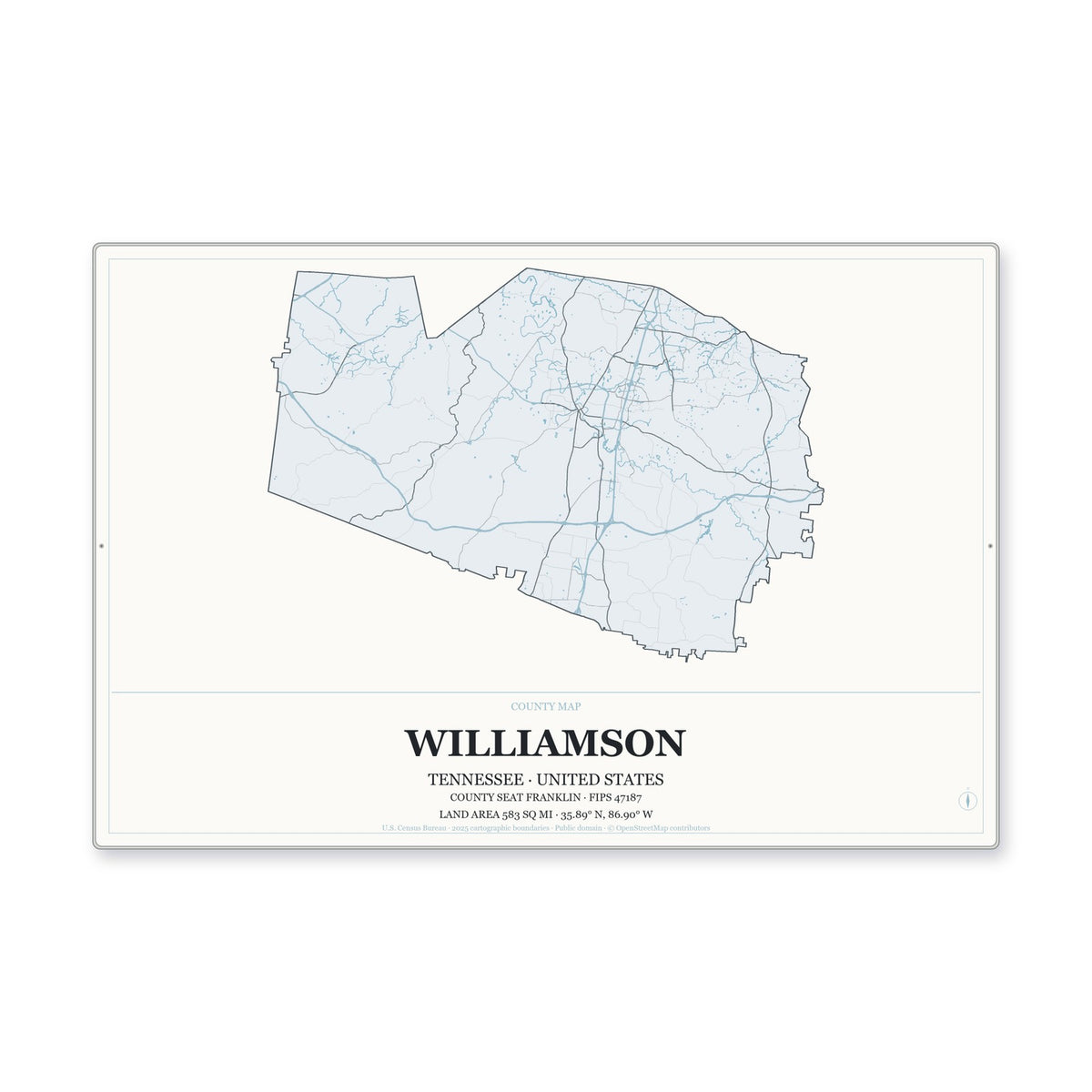 Williamson County, Tennessee Map Aluminum Sign in Gallery Air style