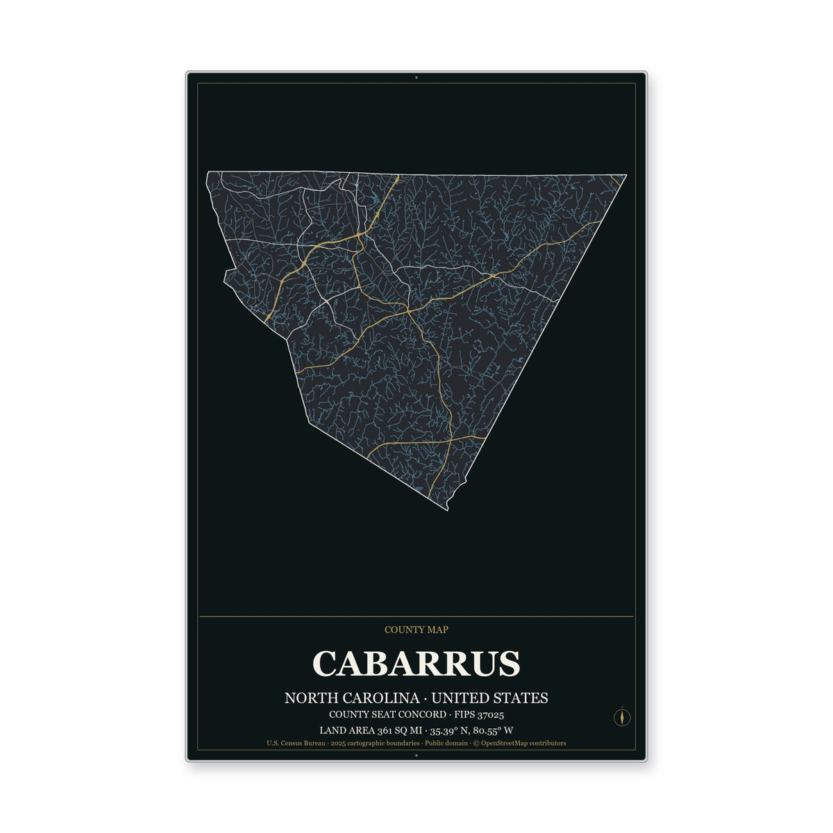 Cabarrus County, North Carolina Map Aluminum Sign in Metropolitan Noir style
