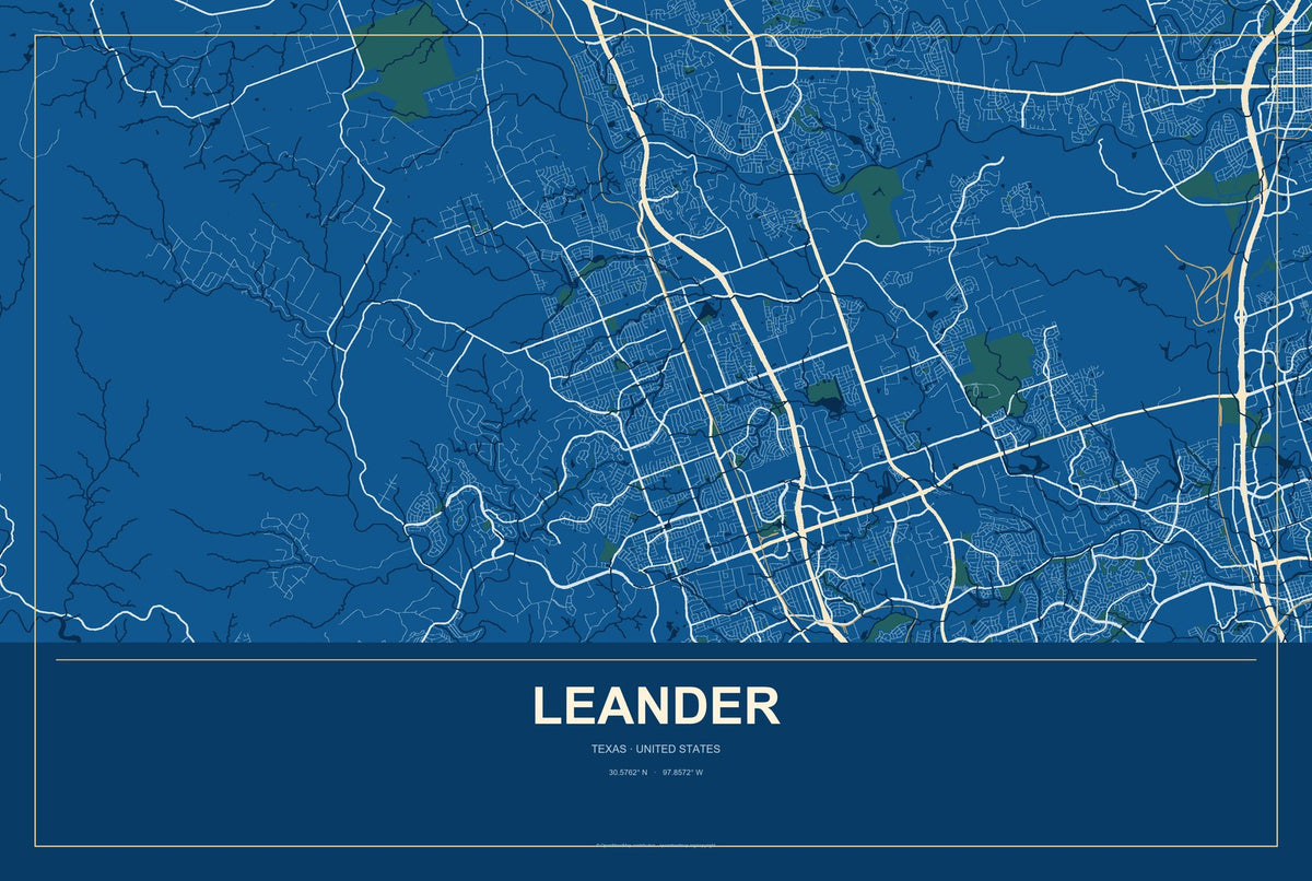 Leander, Texas City Map Aluminum Sign in Harbor Cobalt style