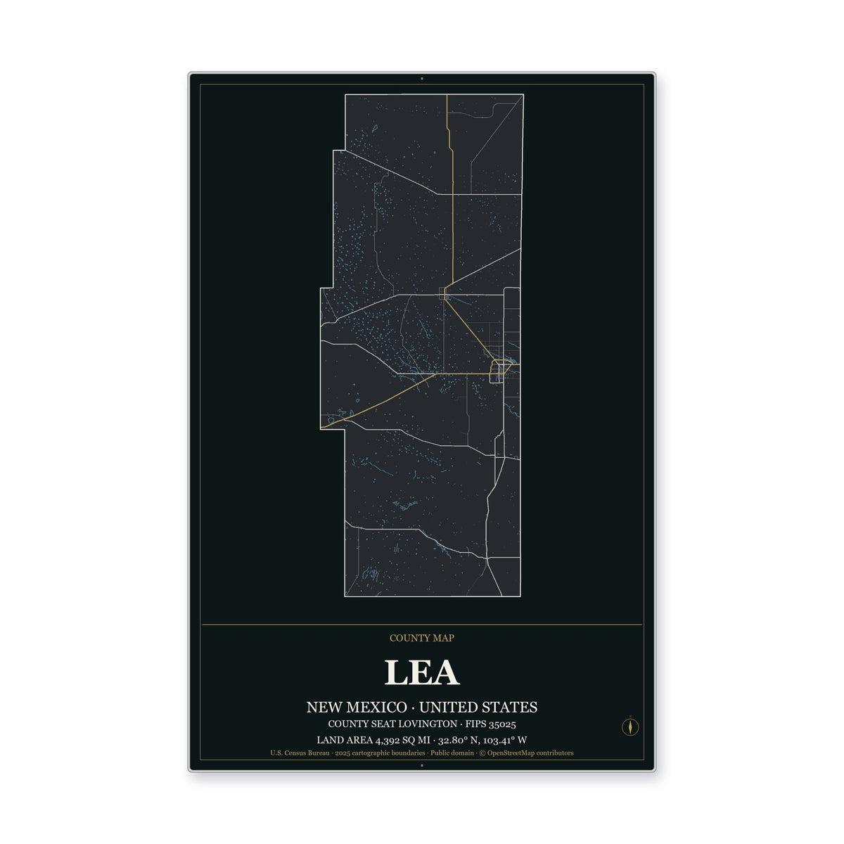 Lea County, New Mexico Map Aluminum Sign in Metropolitan Noir style