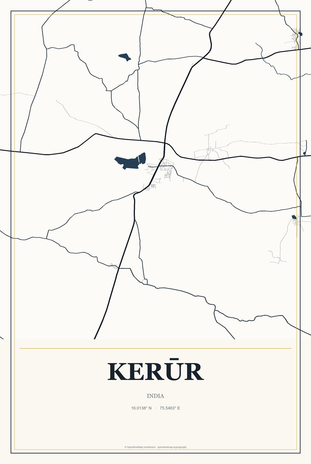 Kerūr, India City Map Aluminum Sign in Citrine Modern style