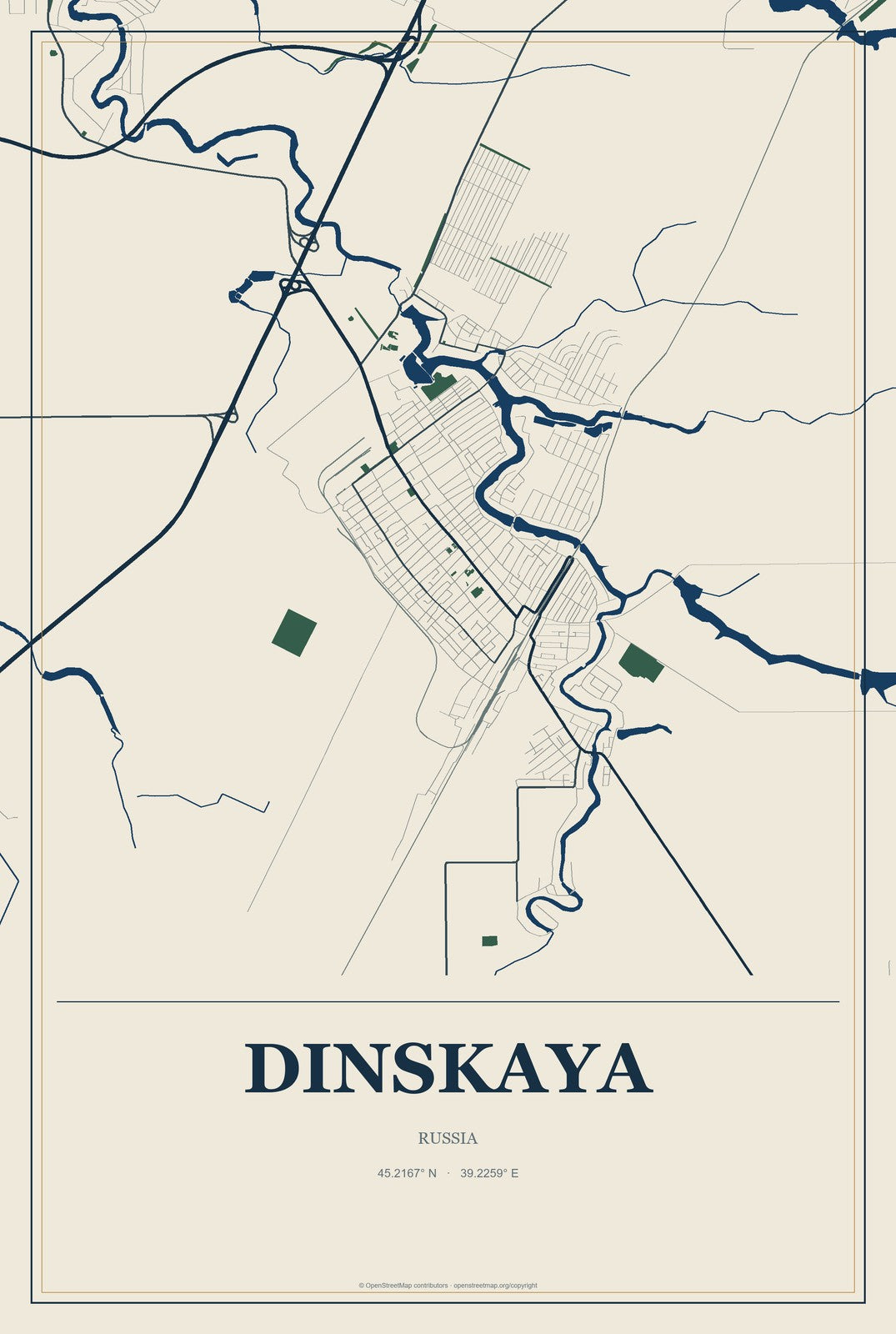 Dinskaya, Russia City Map Aluminum Sign in Coastal Cutout style