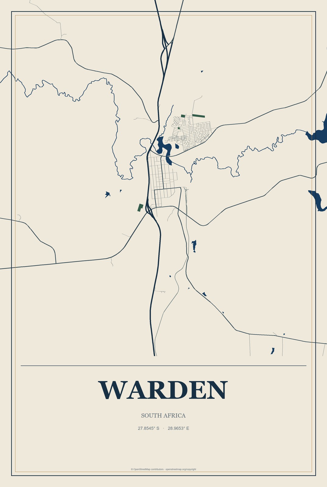 Warden, South Africa City Map Aluminum Sign in Coastal Cutout style