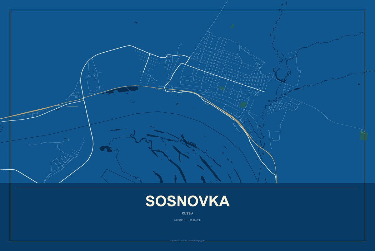 Sosnovka, Tambov Oblast, Russia City Map Aluminum Sign in Harbor Cobalt style