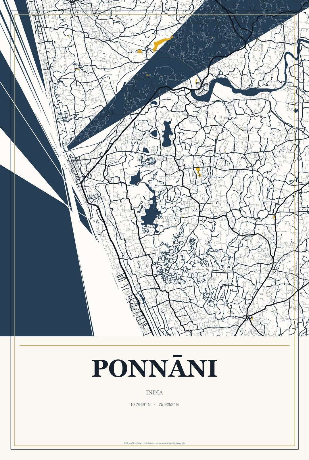 Ponnāni, India City Map Aluminum Sign in Citrine Modern style
