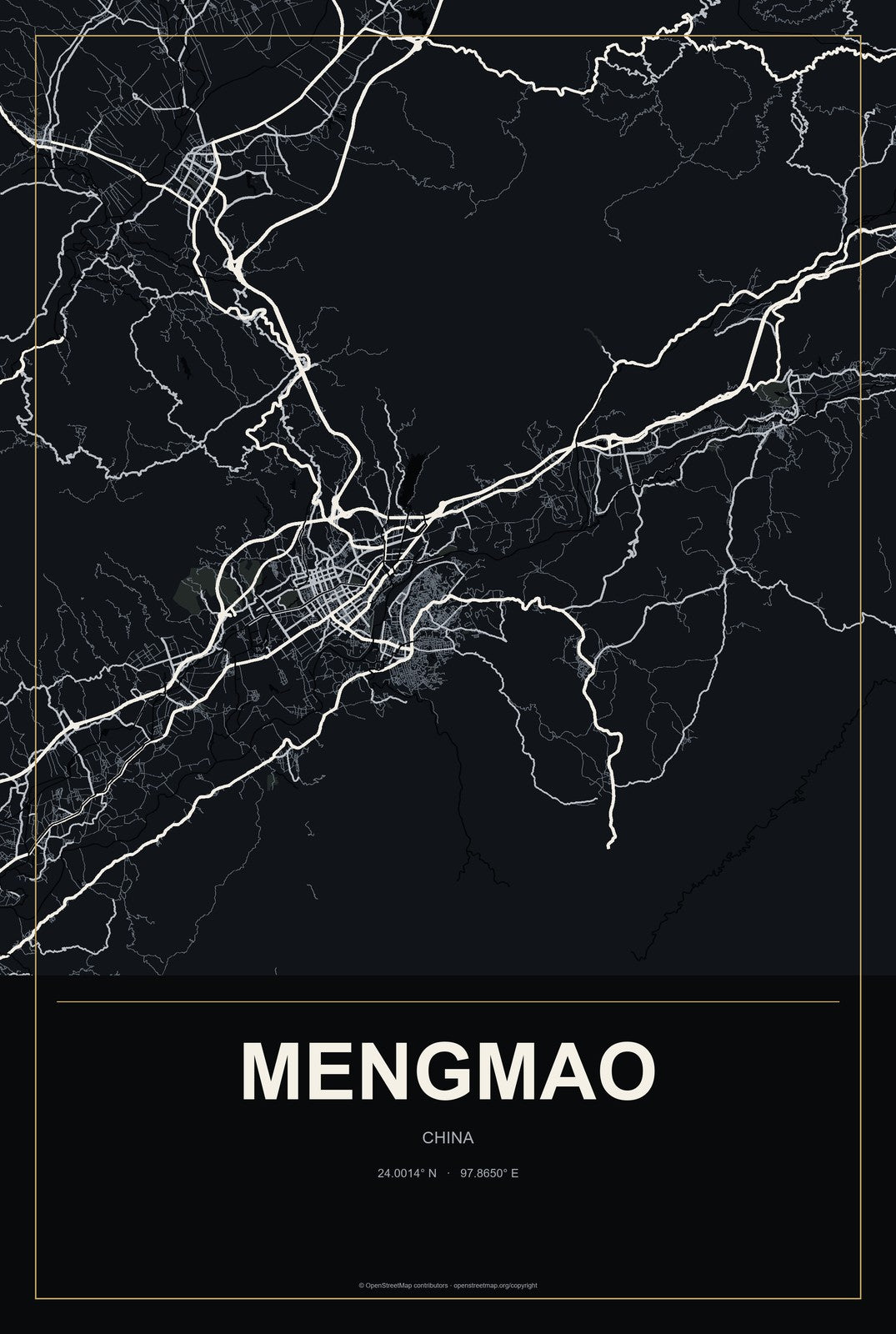 Mengmao, China City Map Aluminum Sign in Metropolitan Noir style