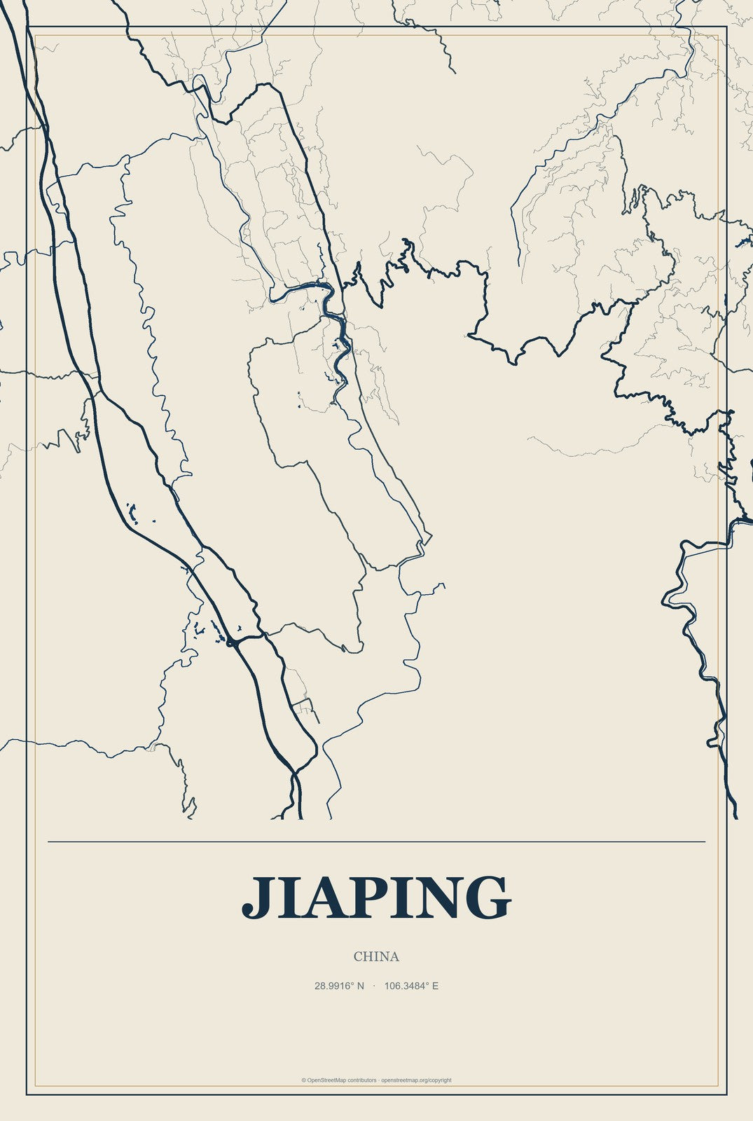 Jiaping, China City Map Aluminum Sign in Coastal Cutout style