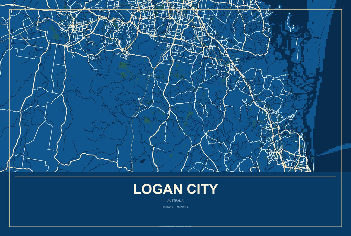 Logan City, Australia City Map Aluminum Sign in Harbor Cobalt style