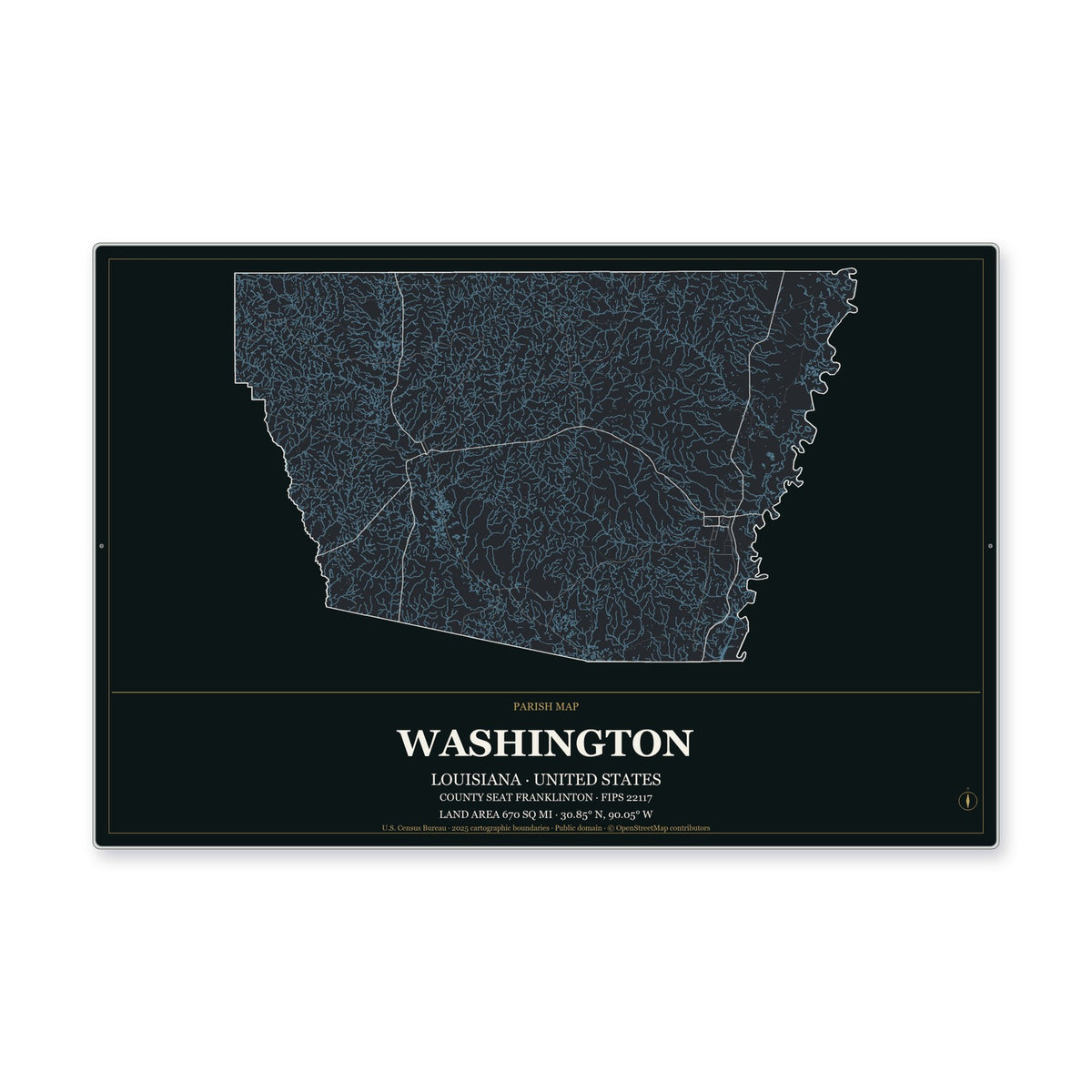 Washington Parish, Louisiana Map Aluminum Sign in Metropolitan Noir style